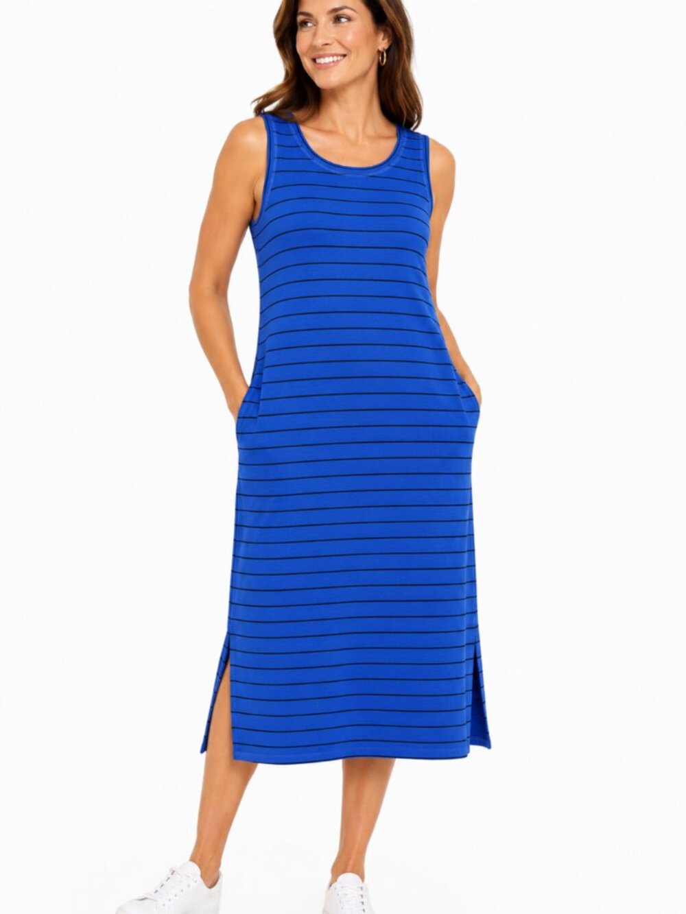 NWT T by Talbots Blue Striped Sleeveless Midi Dress Pockets Size L